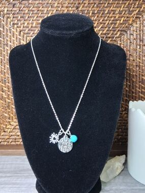 Silver 'You Make Me Happy' Charm Pendant Necklace with Turquoise Accent